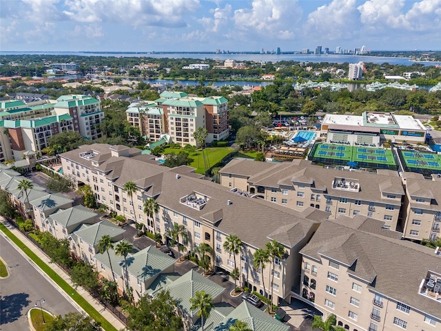 aerial view featuring a water view