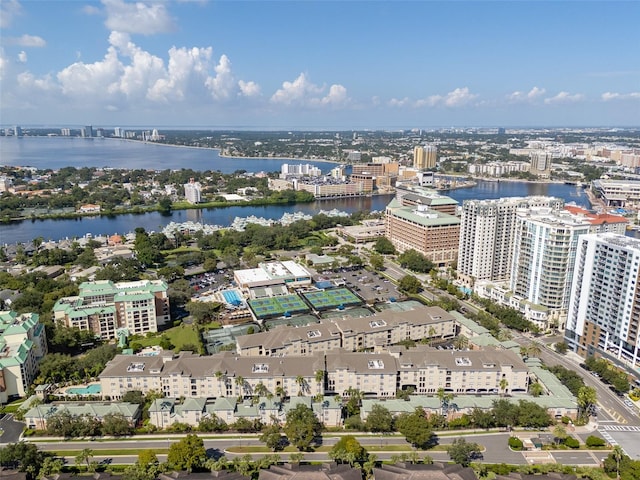 drone / aerial view with a water view