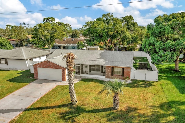 single story home featuring a garage and a front lawn