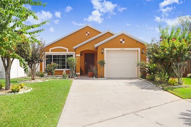 ranch-style home with a garage and a front yard