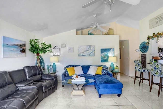 tiled living room featuring lofted ceiling and ceiling fan