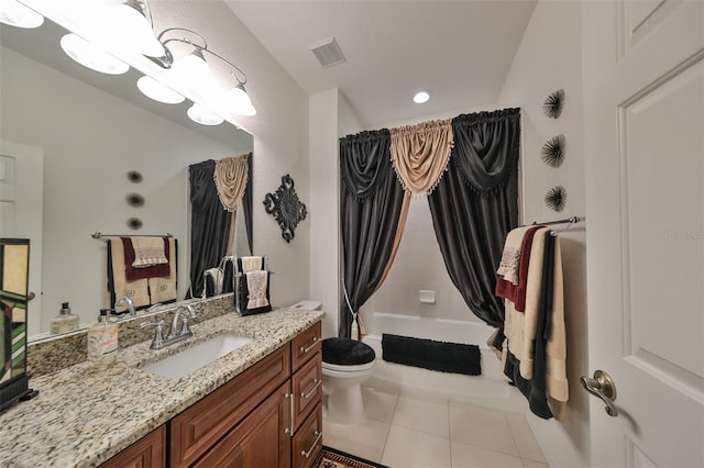 full bathroom featuring shower / bathtub combination with curtain, vanity, tile patterned floors, and toilet