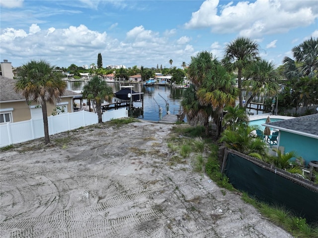 exterior space with a water view