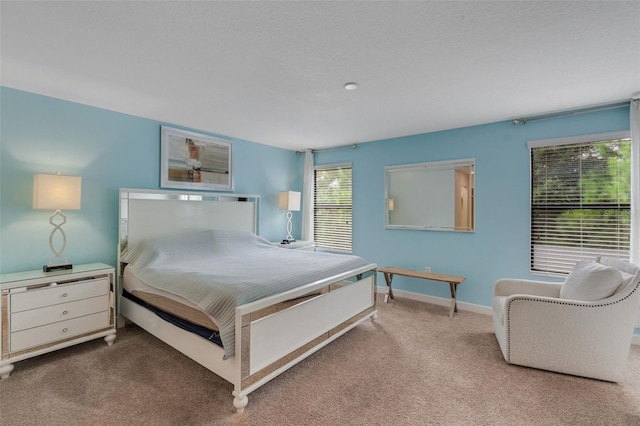 bedroom featuring multiple windows and light carpet