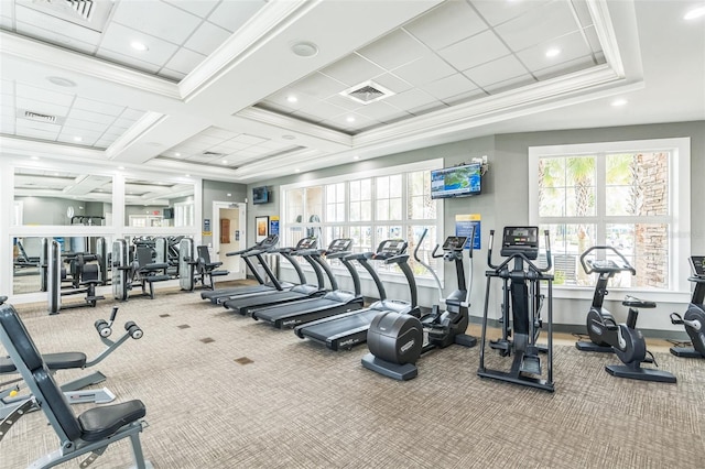 workout area with carpet, coffered ceiling, and ornamental molding