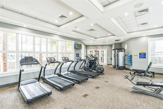 workout area featuring ornamental molding, carpet, and coffered ceiling