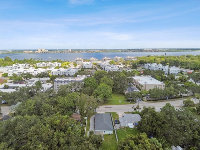 bird's eye view with a water view