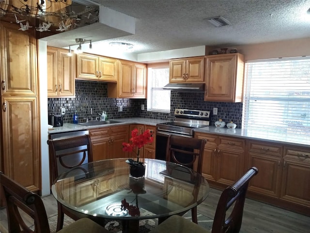 kitchen with light wood-type flooring, backsplash, stainless steel range with electric cooktop, and sink