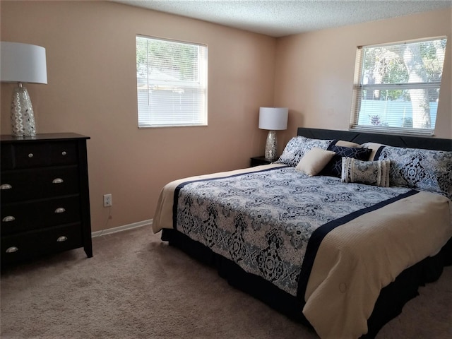 bedroom with a textured ceiling, light colored carpet, and multiple windows