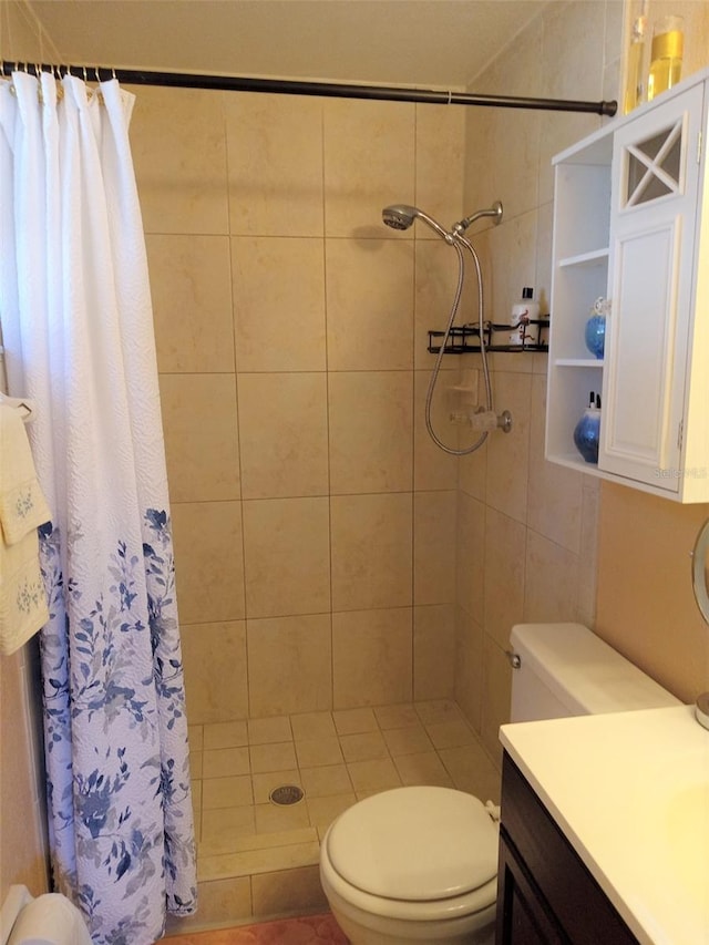 bathroom featuring toilet, vanity, and a shower with shower curtain