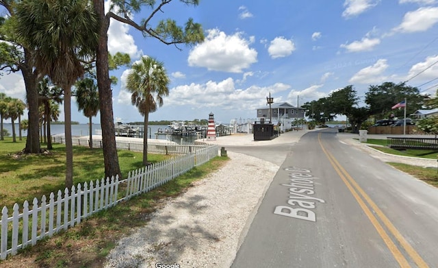 view of street with a water view