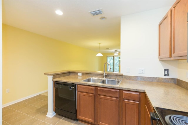 kitchen featuring decorative light fixtures, sink, kitchen peninsula, and black appliances