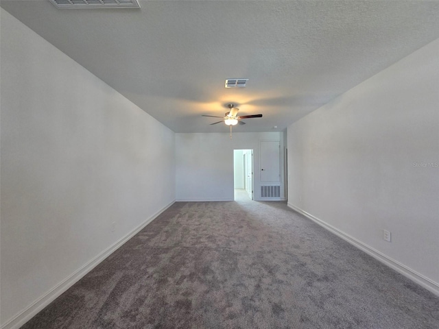 unfurnished room featuring carpet, a textured ceiling, and ceiling fan