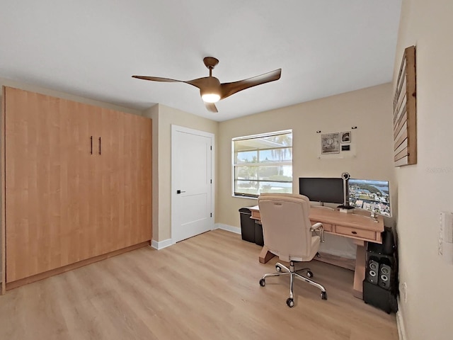 office space featuring ceiling fan and light wood-type flooring