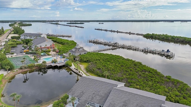 drone / aerial view featuring a water view