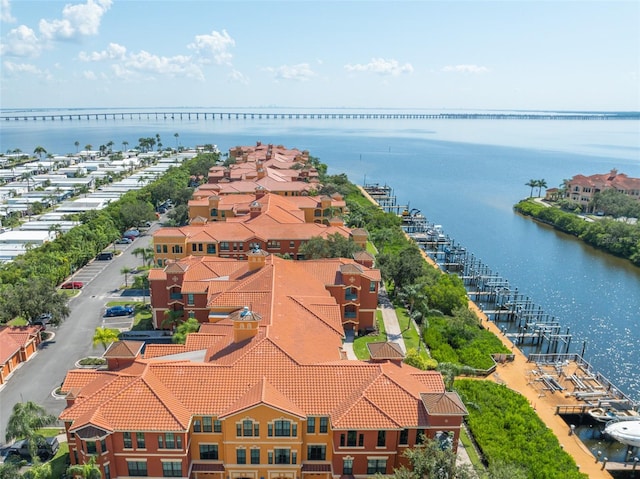 drone / aerial view featuring a water view