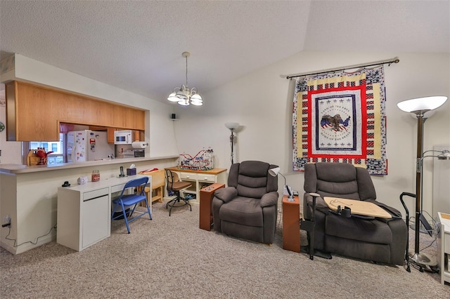 carpeted home office with a textured ceiling, vaulted ceiling, and a notable chandelier