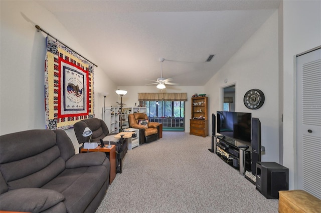 living room featuring high vaulted ceiling, ceiling fan, and carpet flooring