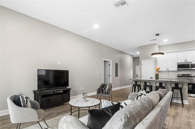 living room featuring light wood-type flooring and electric panel