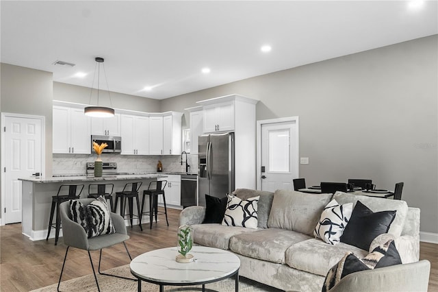 living room featuring sink and hardwood / wood-style flooring