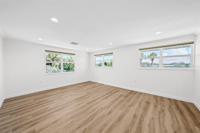 spare room featuring light wood-type flooring and ornamental molding