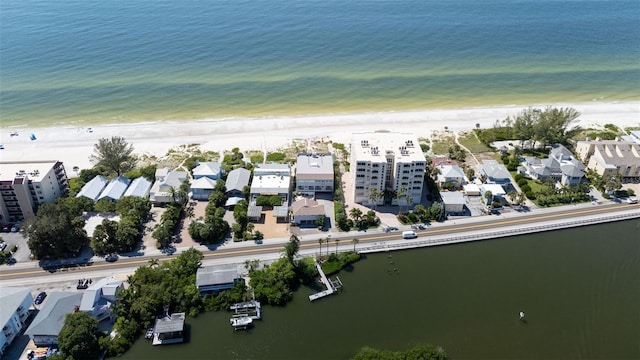 aerial view featuring a beach view and a water view