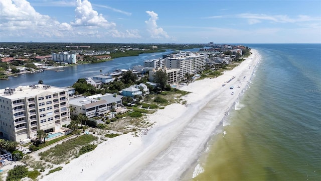 aerial view featuring a water view and a view of the beach