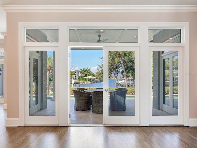 2509 N Dundee St, Tampa, FL 33629 - doorway to outside with a water view, crown molding, wood finished floors, and french doors