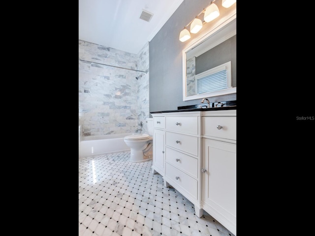 full bathroom featuring toilet, tiled shower / bath, vanity, and crown molding