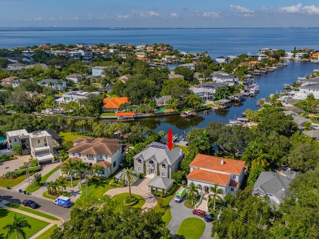 drone / aerial view featuring a water view