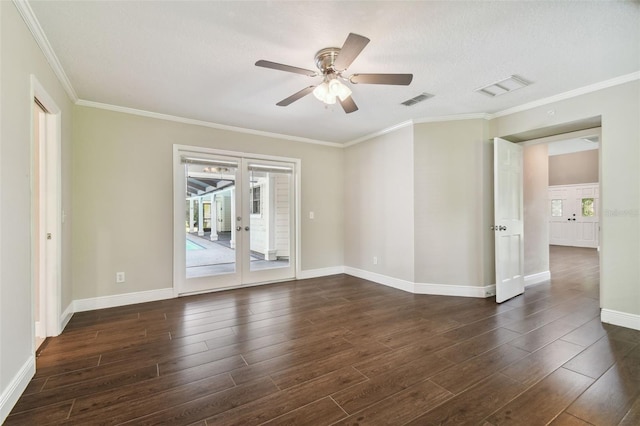 empty room featuring crown molding, a textured ceiling, and ceiling fan