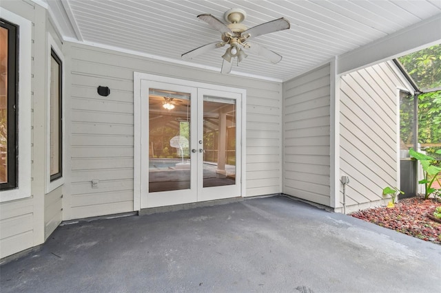 view of patio / terrace featuring ceiling fan and french doors