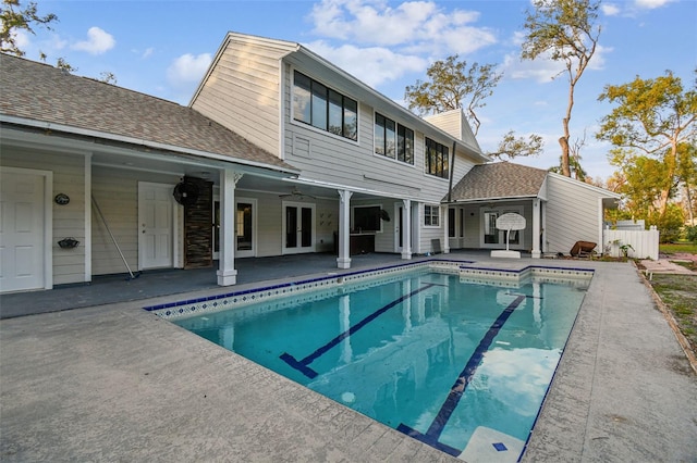 back of house with a patio, ceiling fan, and french doors