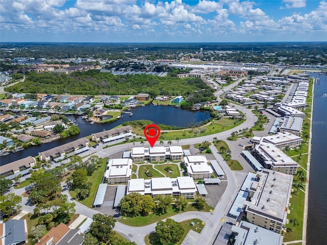 aerial view featuring a water view