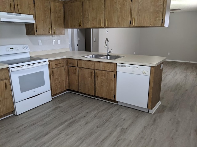 kitchen with light hardwood / wood-style flooring, white appliances, kitchen peninsula, and sink