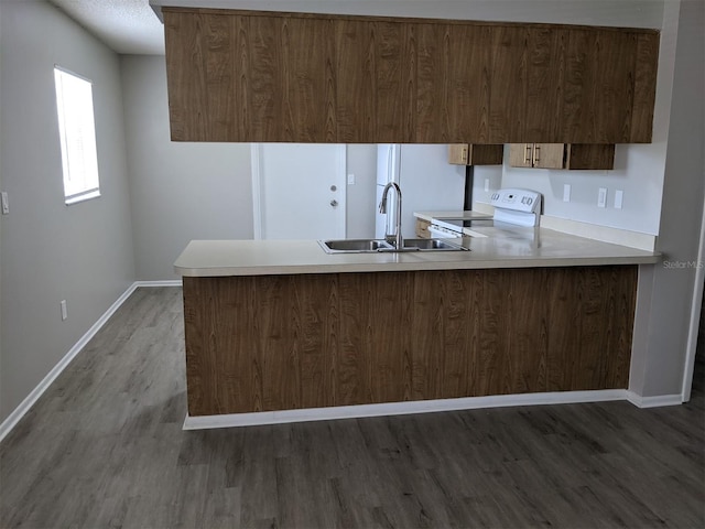 kitchen featuring white electric range, sink, kitchen peninsula, and dark hardwood / wood-style floors