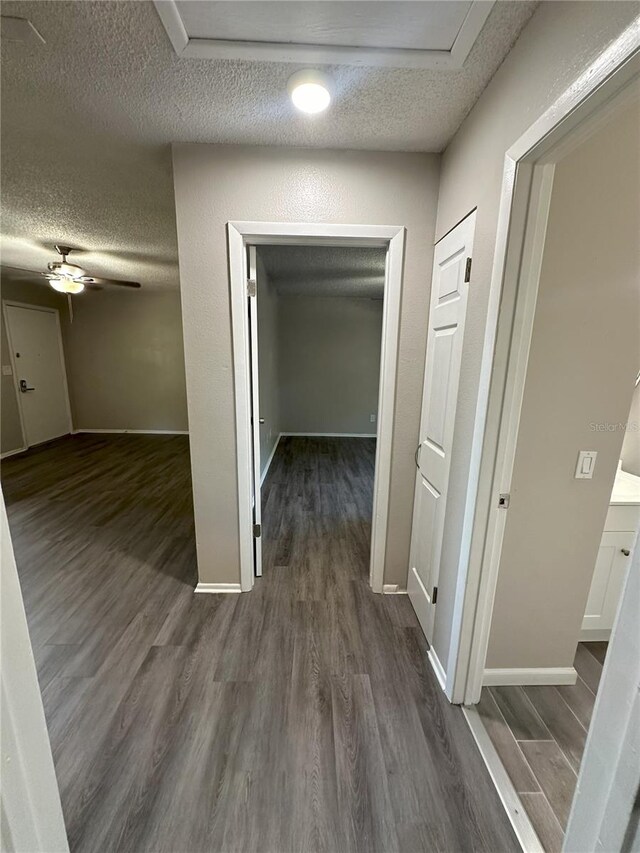 corridor with a textured ceiling and dark hardwood / wood-style flooring