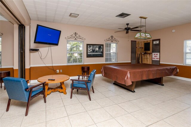 playroom with light tile patterned floors, ceiling fan, a healthy amount of sunlight, and pool table