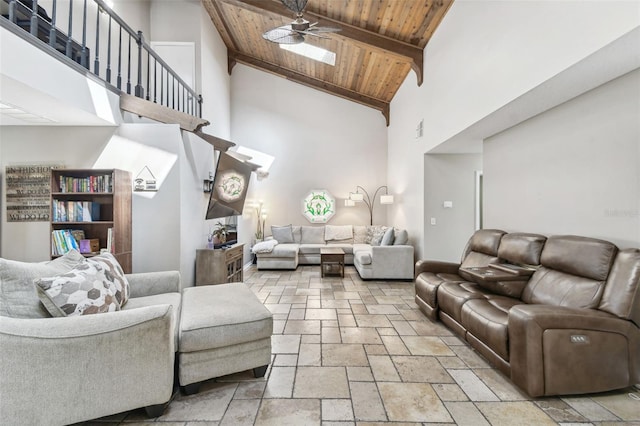 living room with high vaulted ceiling, ceiling fan, a skylight, and wooden ceiling