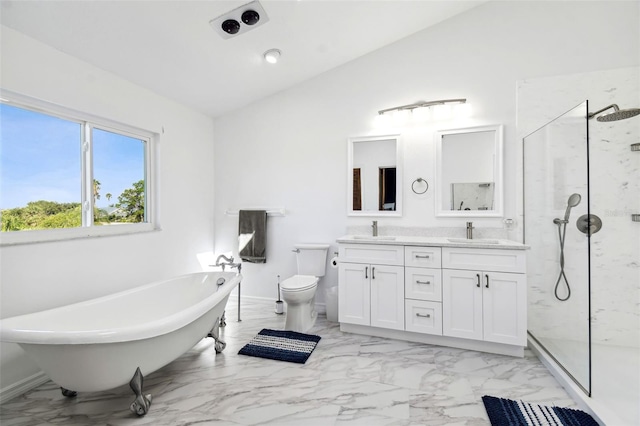 full bathroom with vanity, lofted ceiling, toilet, and separate shower and tub