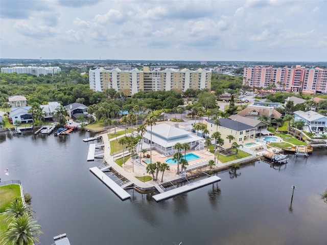 drone / aerial view with a water view