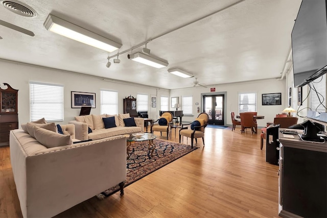 living room with a wealth of natural light, track lighting, ceiling fan, and light hardwood / wood-style flooring