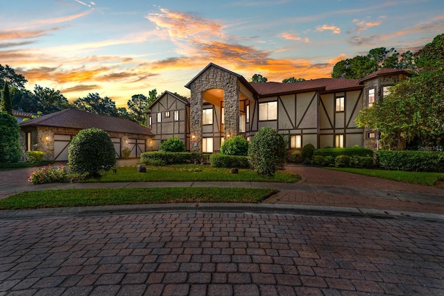 tudor house with a garage