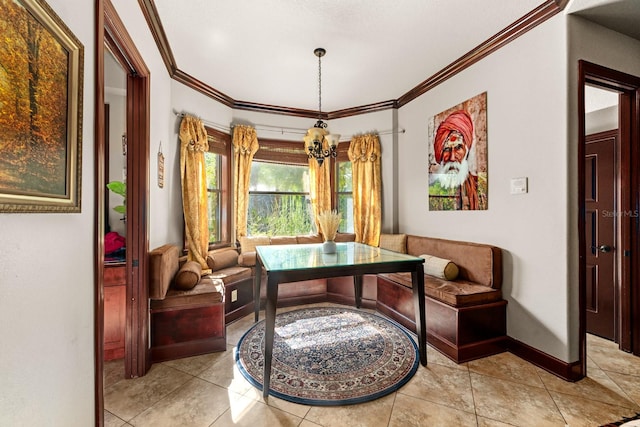 interior space with ornamental molding and an inviting chandelier