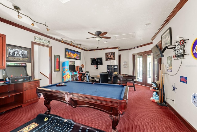 rec room featuring pool table, ceiling fan, and crown molding