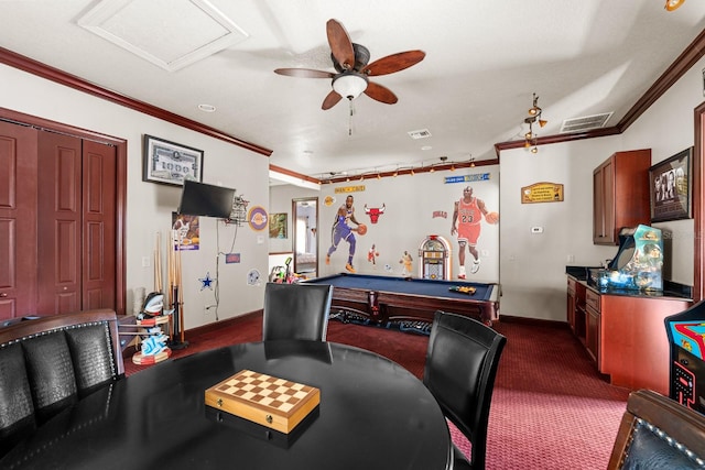 rec room featuring ceiling fan, dark colored carpet, crown molding, and pool table