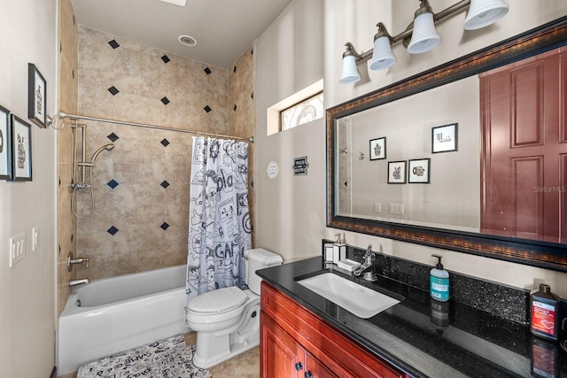 full bathroom with shower / bathtub combination with curtain, toilet, vanity, and tile patterned floors