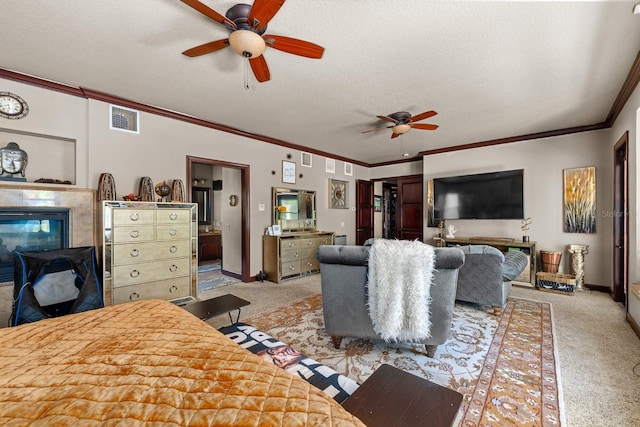 carpeted living room with ceiling fan, crown molding, and a textured ceiling