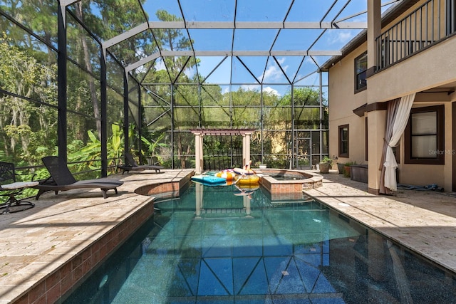 view of swimming pool featuring a patio, glass enclosure, and an in ground hot tub