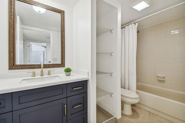 full bathroom with vanity, shower / tub combo, toilet, and tile patterned floors